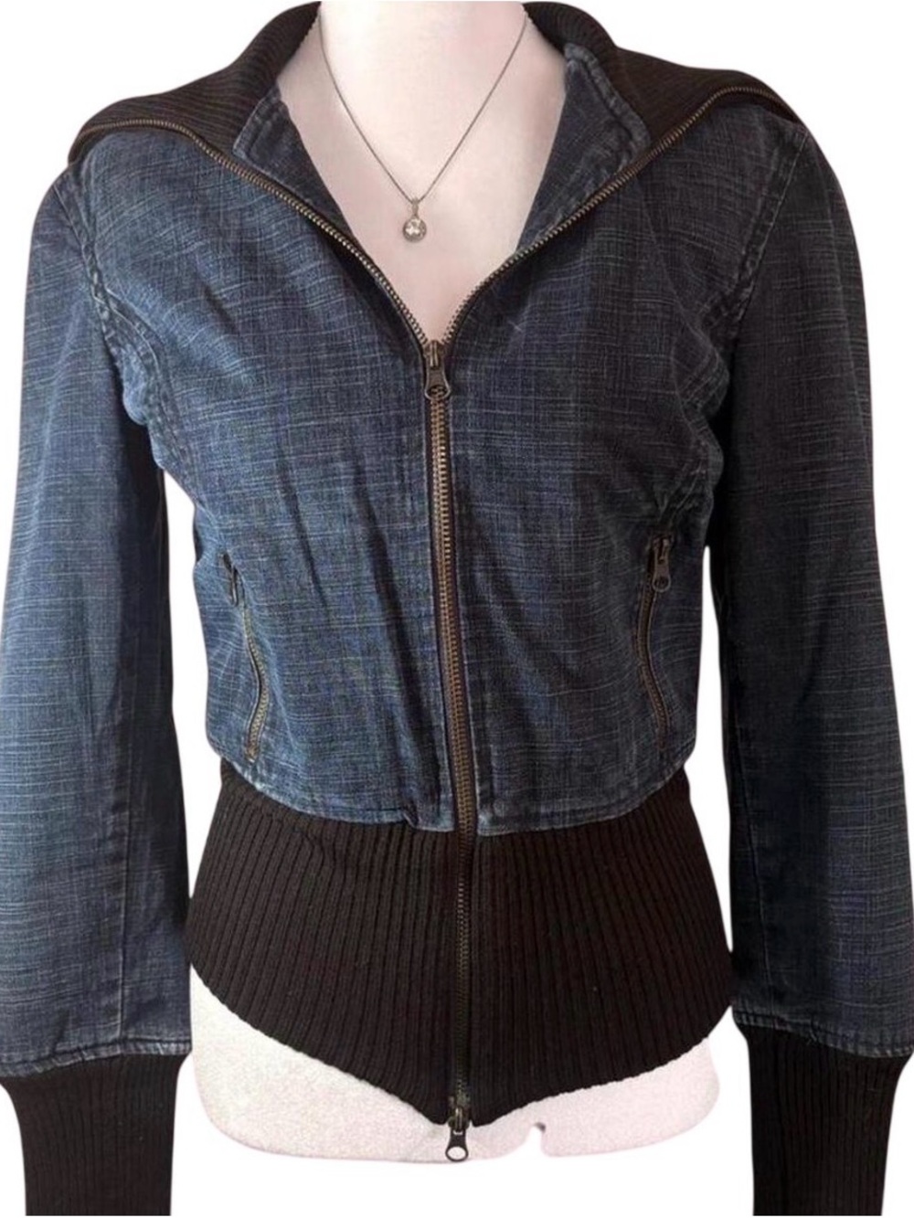 Polo by Ralph Lauren Dark Blue Denim Bomber Jacket with Brown Ribbed Waist